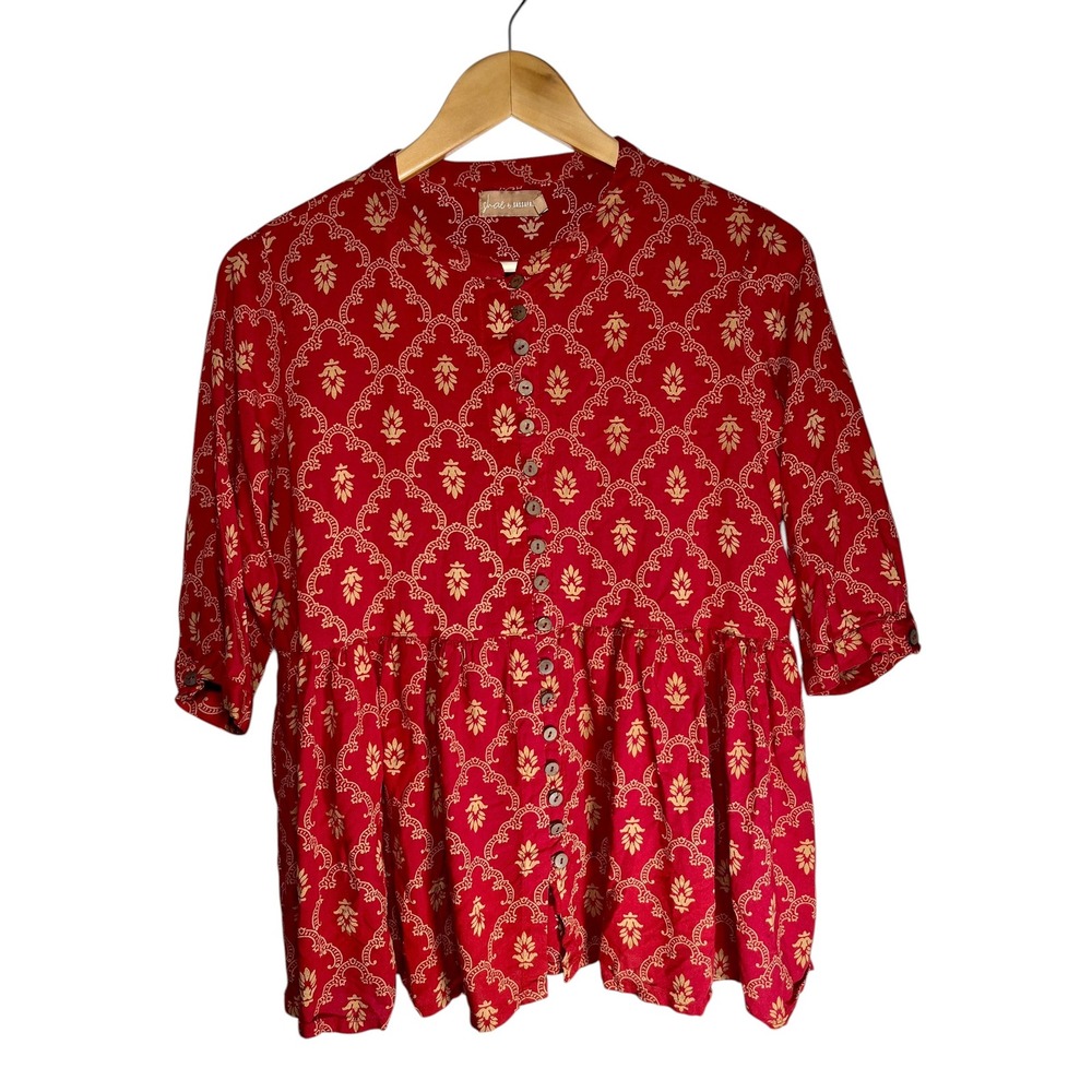 Shae by Sassafras Large Boho Peplum Blouse Red Gold Block Print Rayon Button Top - Picture 2 of 10